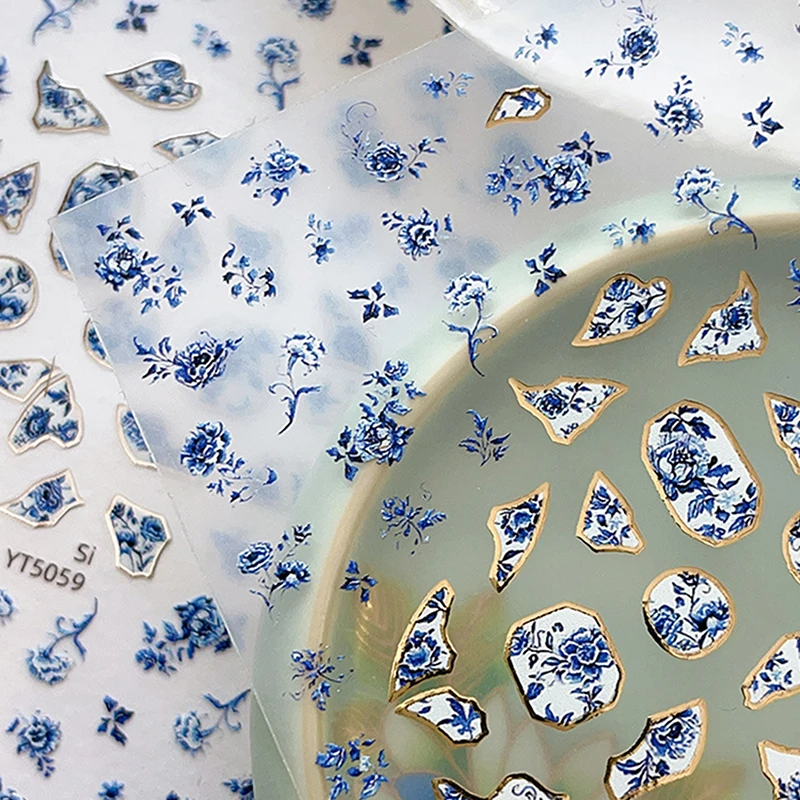 Blue White Porcelain Chinese Style Sticker 3D Self Adhesive Nail Art Sticker Flower Silverback Adhesive Manicure Decal Salon DIY thumbnail 5
