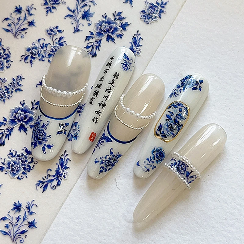 Blue White Porcelain Chinese Style Sticker 3D Self Adhesive Nail Art Sticker Flower Silverback Adhesive Manicure Decal Salon DIY thumbnail 3