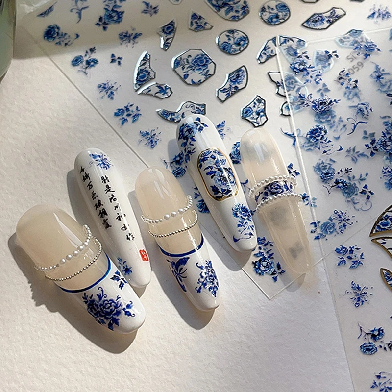 Blue White Porcelain Chinese Style Sticker 3D Self Adhesive Nail Art Sticker Flower Silverback Adhesive Manicure Decal Salon DIY thumbnail 2