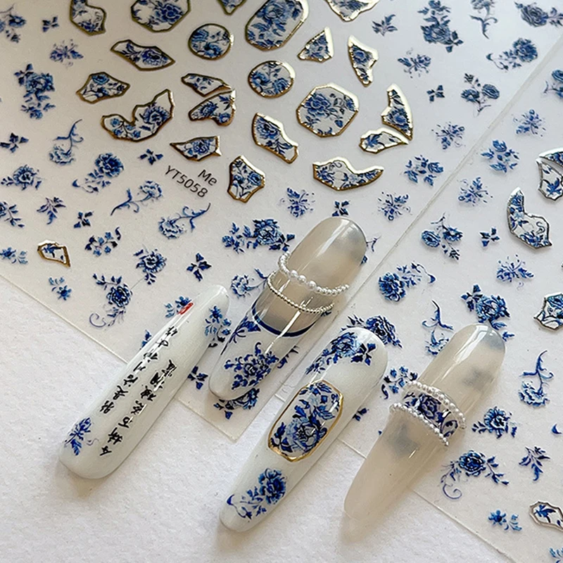 Blue White Porcelain Chinese Style Sticker 3D Self Adhesive Nail Art Sticker Flower Silverback Adhesive Manicure Decal Salon DIY thumbnail 4