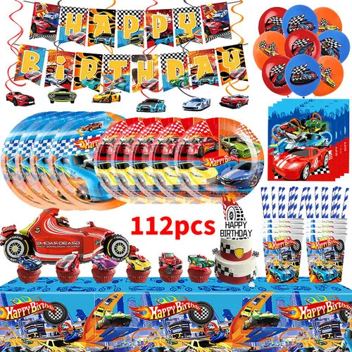New Wheels Birthday Decoration Tableware Set Cups Plates Banner Backdrop Balloons Cake Topper Gift Bags Kids Boys Party Supplies thumbnail 5