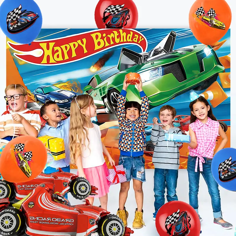 New Wheels Birthday Decoration Tableware Set Cups Plates Banner Backdrop Balloons Cake Topper Gift Bags Kids Boys Party Supplies thumbnail 4