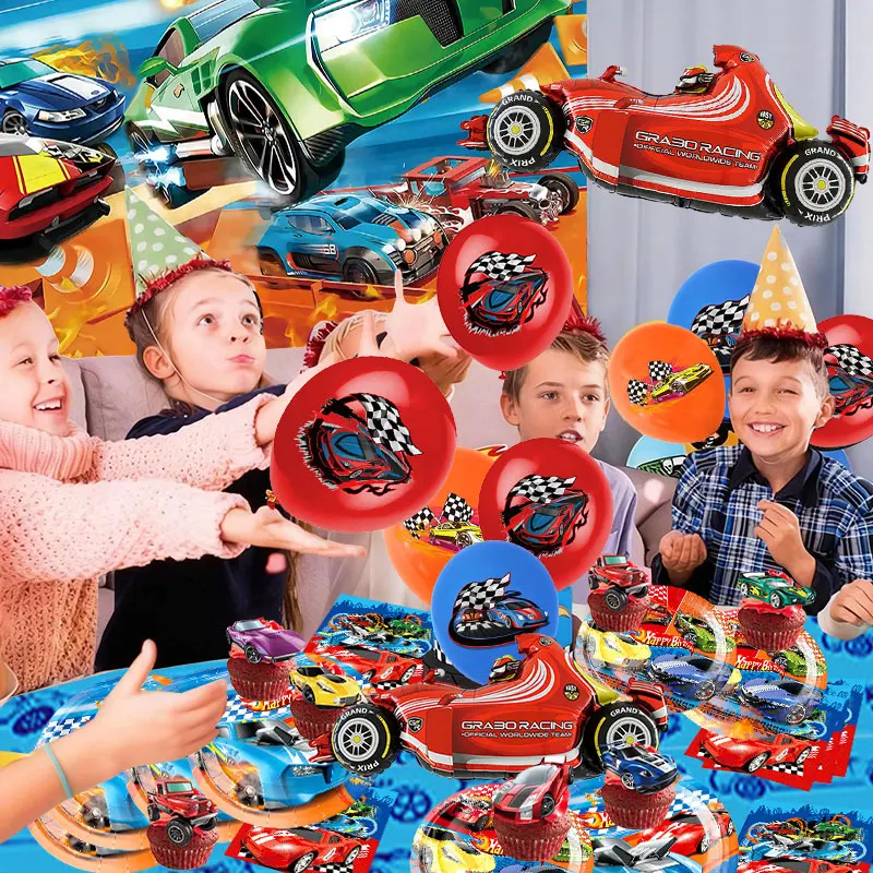 New Wheels Birthday Decoration Tableware Set Cups Plates Banner Backdrop Balloons Cake Topper Gift Bags Kids Boys Party Supplies thumbnail 2