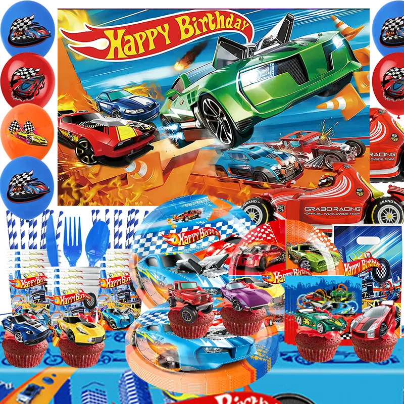 New Wheels Birthday Decoration Tableware Set Cups Plates Banner Backdrop Balloons Cake Topper Gift Bags Kids Boys Party Supplies