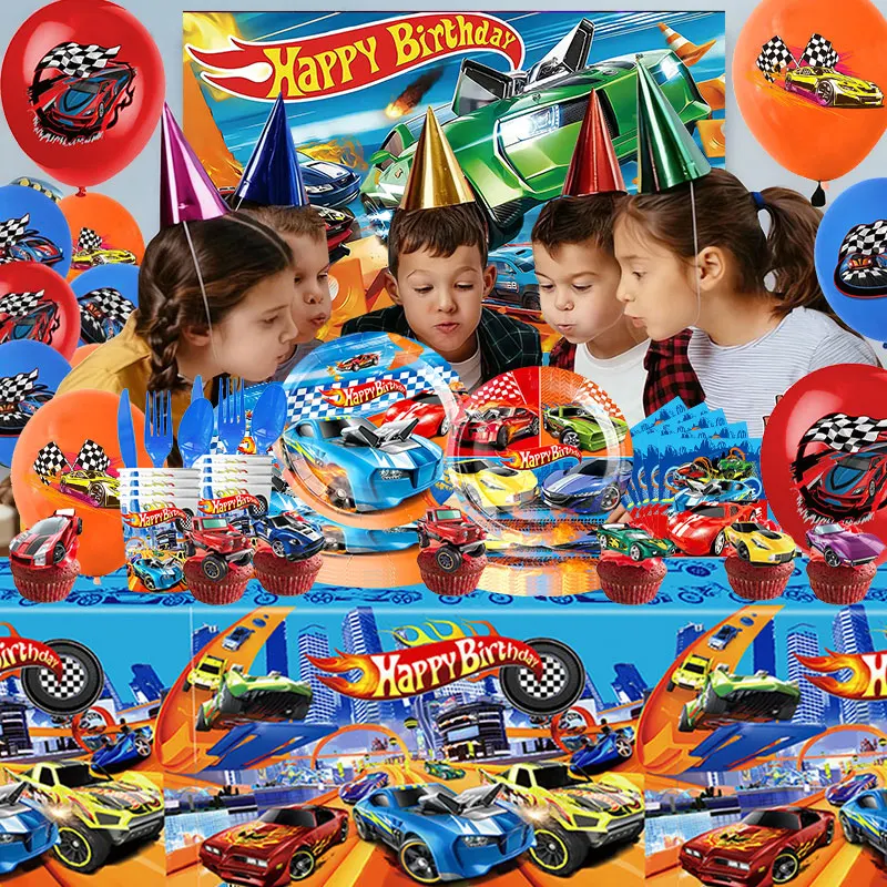 New Wheels Birthday Decoration Tableware Set Cups Plates Banner Backdrop Balloons Cake Topper Gift Bags Kids Boys Party Supplies thumbnail 3