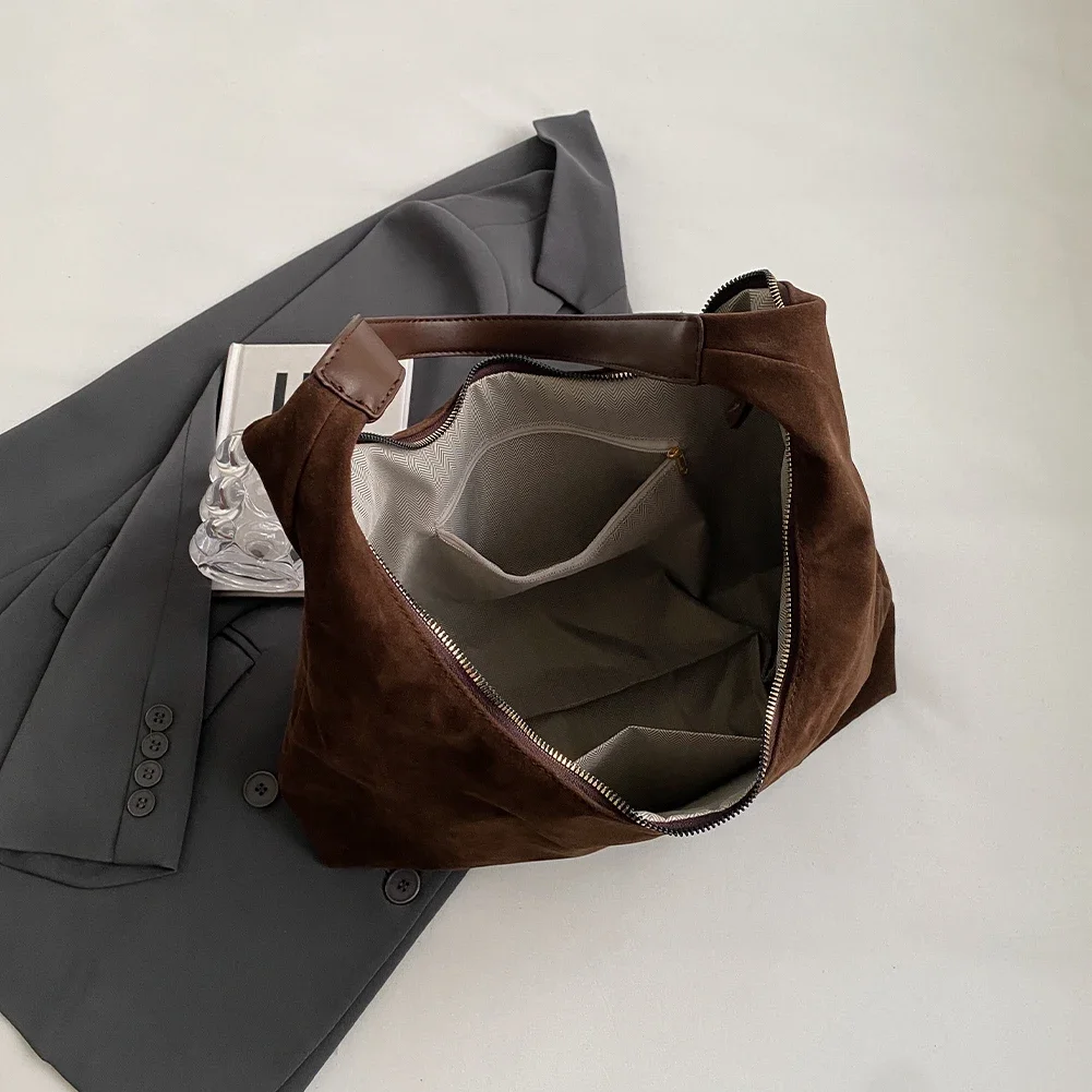 Women Suede Shoulder Bag with Zipper Hobo Bags Large Capacity Handbag Slouchy Bag Commuter Travel Bag Purses and Handbags thumbnail 5