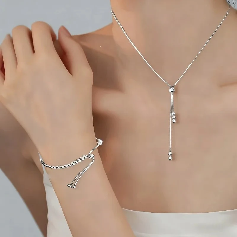 925 Sterling Silver Round Beads Necklace Bracelet Set For Women Luxury Elegant Adjustable Jewelry Wedding Party Gift