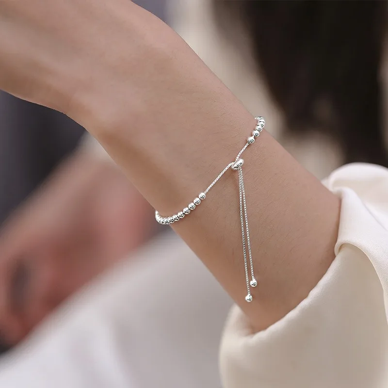 925 Sterling Silver Round Beads Necklace Bracelet Set For Women Luxury Elegant Adjustable Jewelry Wedding Party Gift thumbnail 3