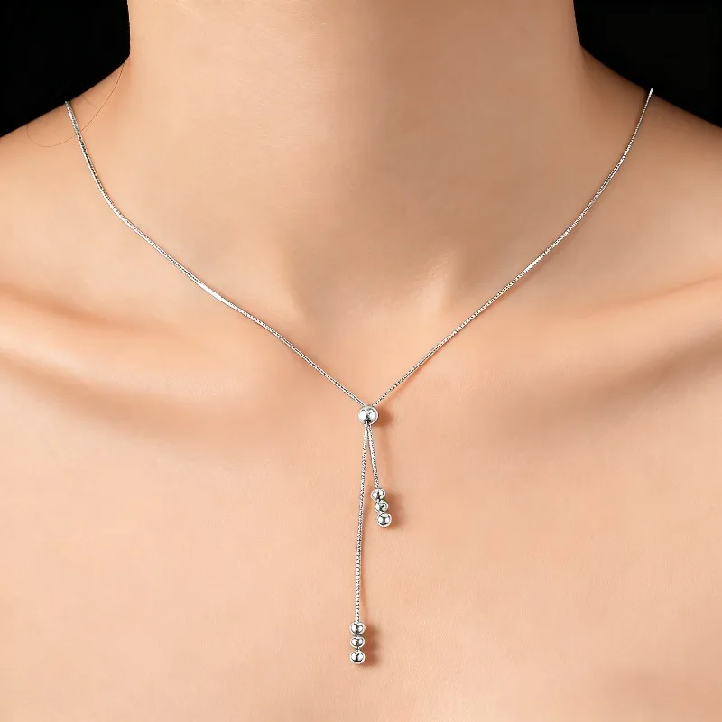925 Sterling Silver Round Beads Necklace Bracelet Set For Women Luxury Elegant Adjustable Jewelry Wedding Party Gift thumbnail 2