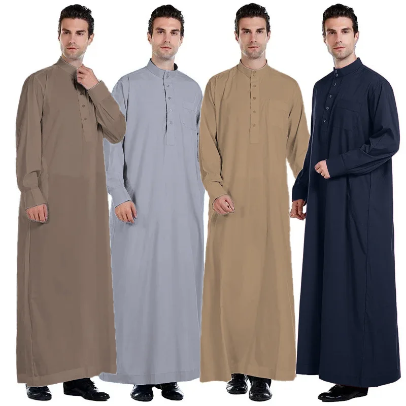 New Pure Color Middle East Men's Robe Qatar Stand Collar Formal Gown Business Casual Polyester Fiber Four Seasons Suitable