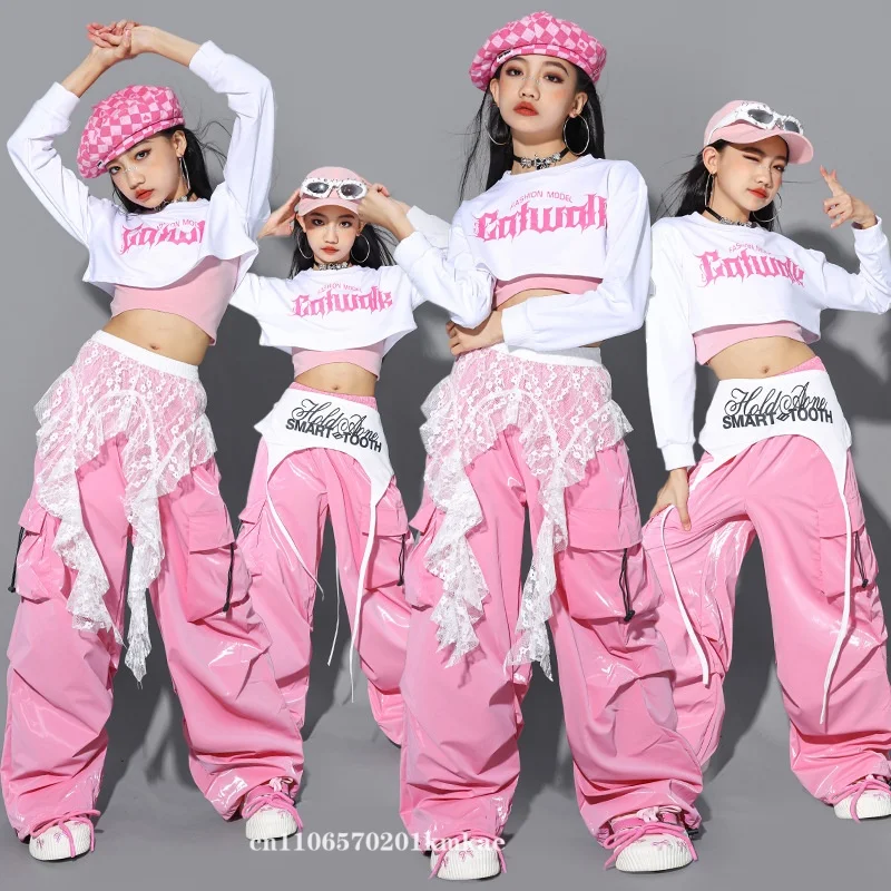 Jazz Dance Clothes For Girls Kpop Outfit Hip Hop Performance Wear Pink Shuffle Pants Kid Street Dance Show Fashion Suit New