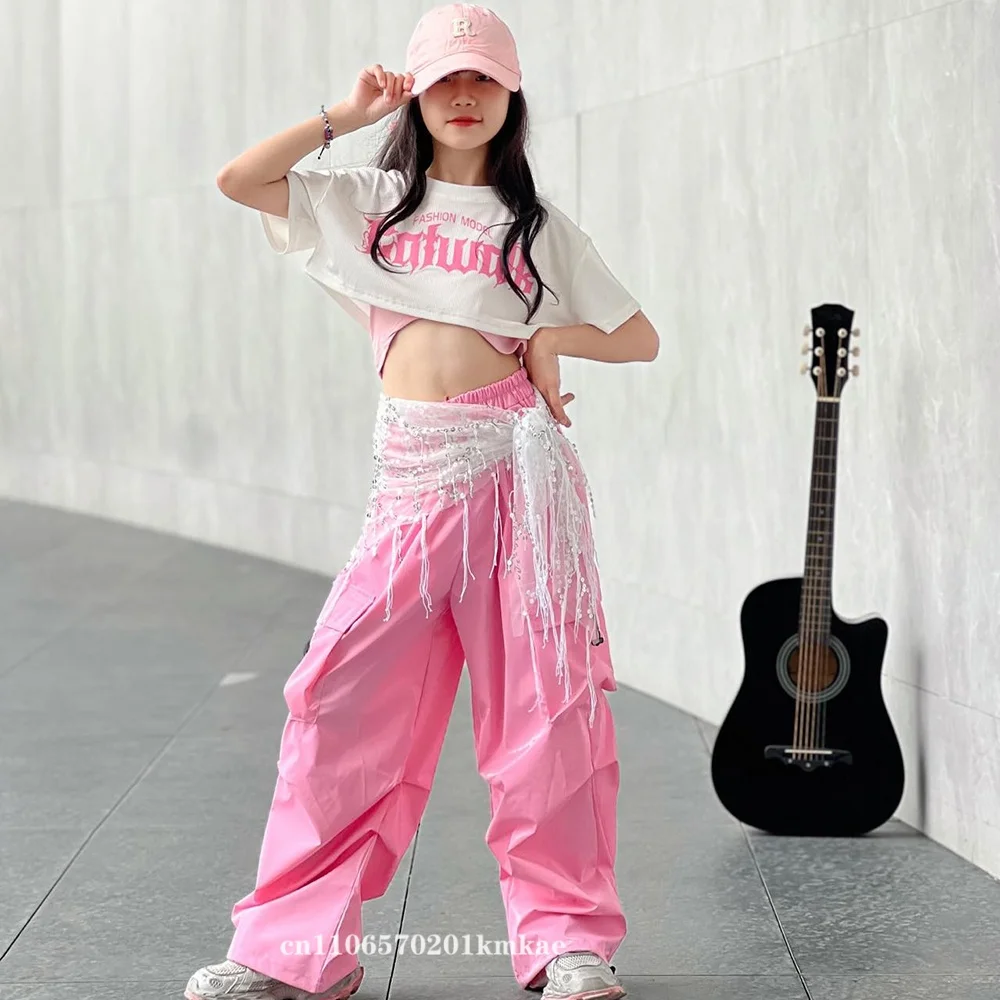 Jazz Dance Clothes For Girls Kpop Outfit Hip Hop Performance Wear Pink Shuffle Pants Kid Street Dance Show Fashion Suit New thumbnail 3