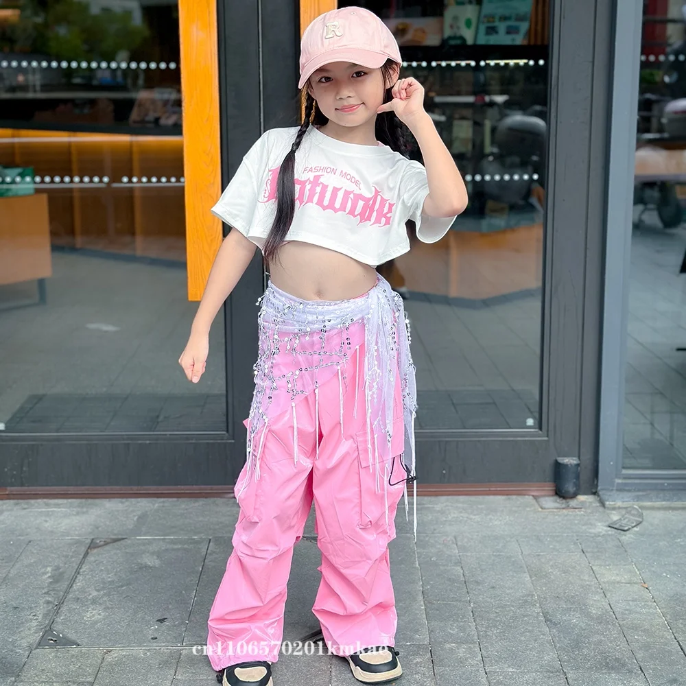 Jazz Dance Clothes For Girls Kpop Outfit Hip Hop Performance Wear Pink Shuffle Pants Kid Street Dance Show Fashion Suit New thumbnail 4