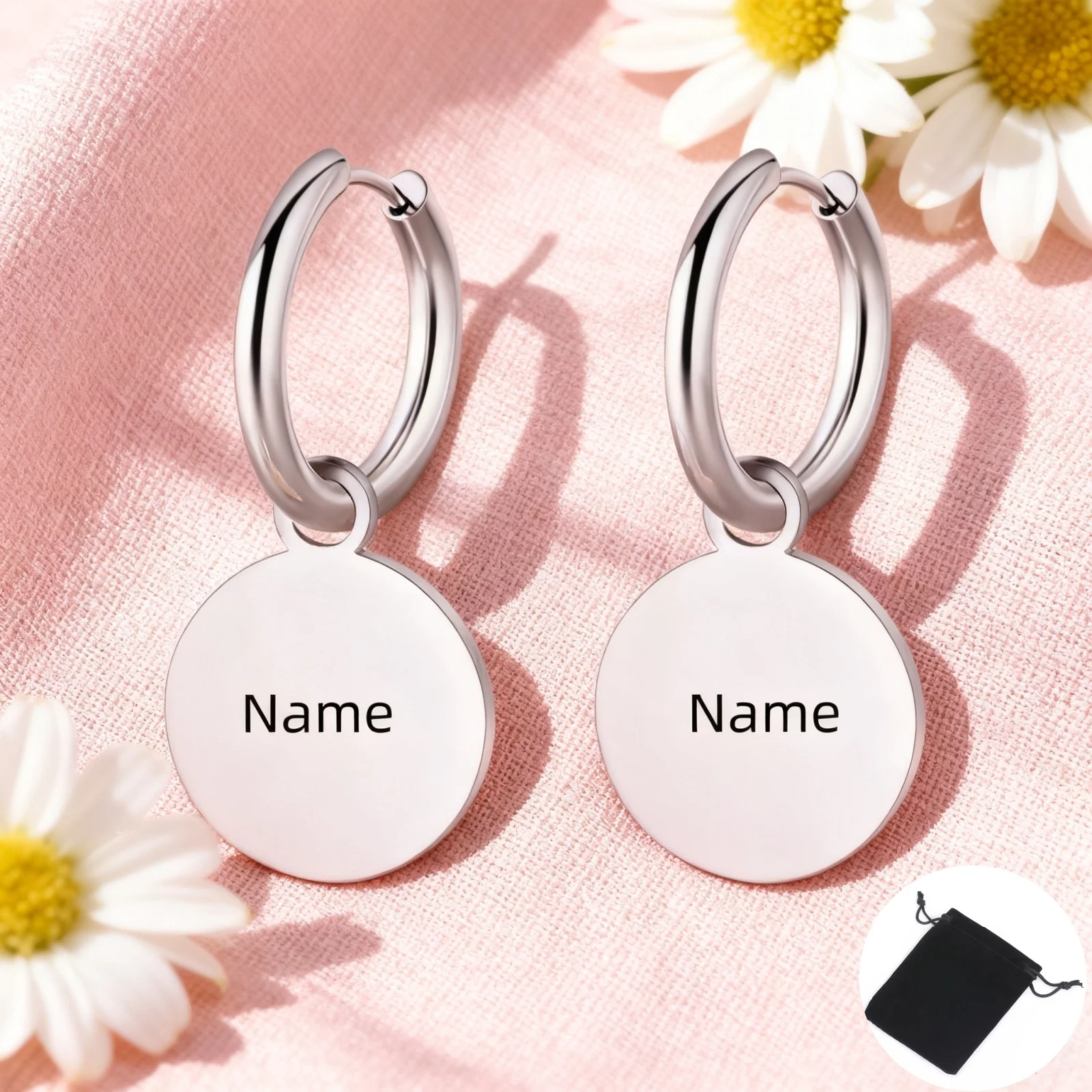 Customized Name Date Simple Round Pendant Women's Earrings Stainless Steel Personalized Fashion Solid Round Earrings Jewelry thumbnail 3