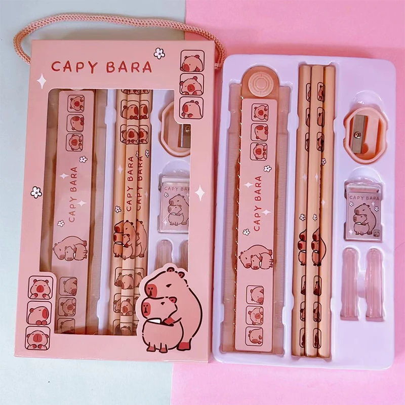 Kids Gift 8 In 1 Capybara Cartoon Animals Pencil Ruler Eraser Sharpener Stationery Set Student School Office Writing Supplies thumbnail 3