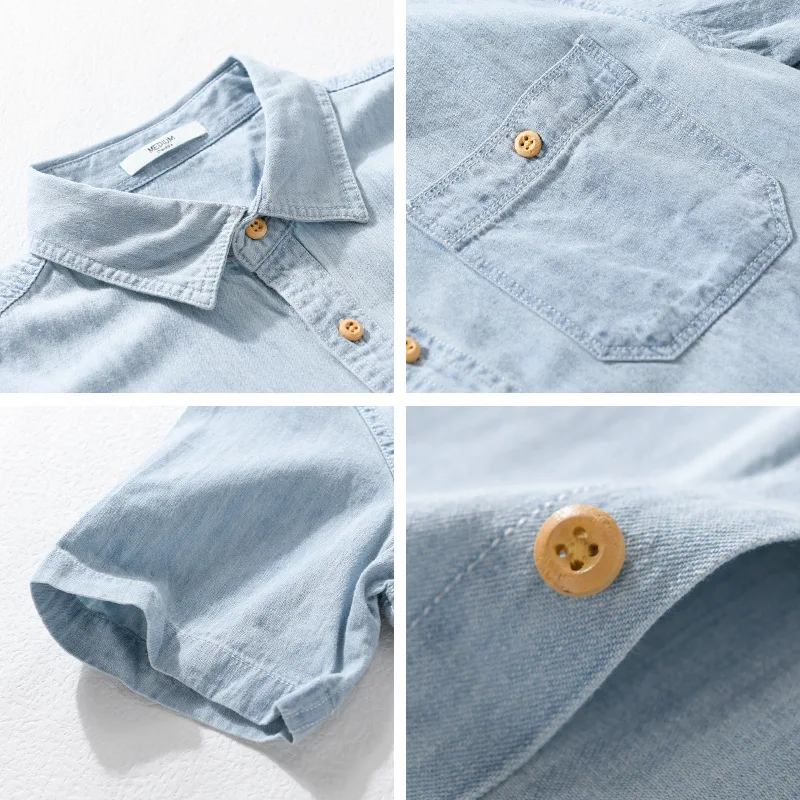 Light and Thin Summer Short-sleeved Denim Shirt for Men, Casual and Breathable, Sweat-wicking, Suitable for Daily Commuting. thumbnail 5