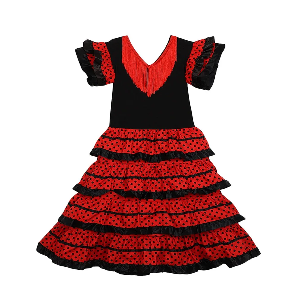 Fashion Tassel Spanish Dance Dress Dot Design Short Sleeve Children Skirt Traditional Classic Festival Tassel Dress Festival