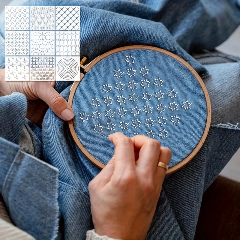 9Pcs Sashiko Embroidery Templates Reusable Pet Sewing Stencils DIY Embroidery Patterns Geometric Line Quilting Template thumbnail 5