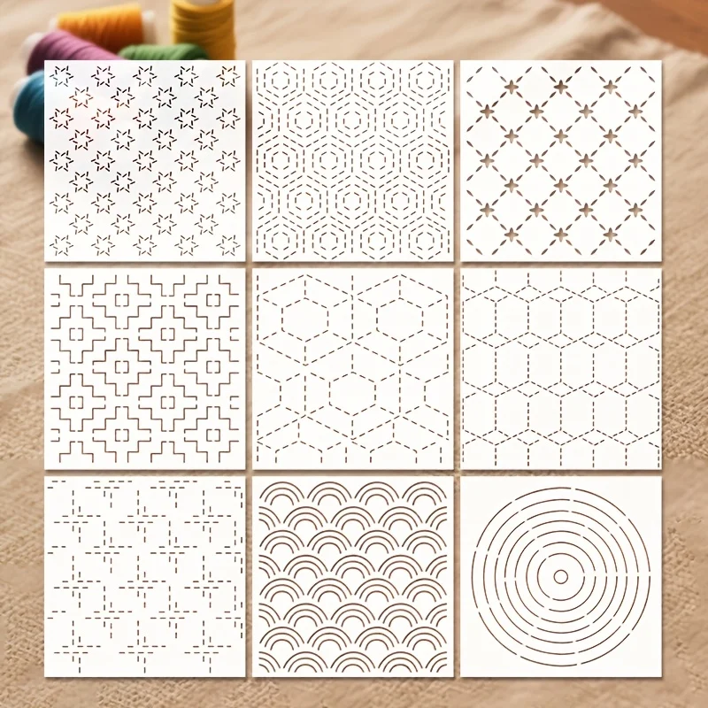 9Pcs Sashiko Embroidery Templates Reusable Pet Sewing Stencils DIY Embroidery Patterns Geometric Line Quilting Template thumbnail 6