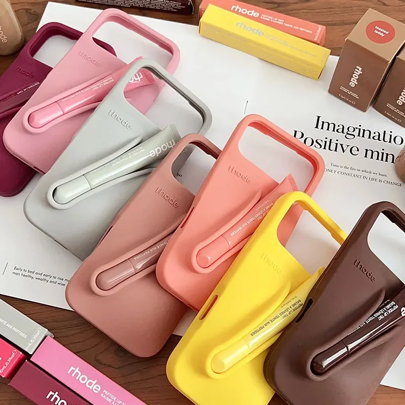 For iPhone 17 Pro Max Air 15 14 13 12 11 17 ProMax Plus Phone Case Gray Toast Ribbon Espresso Holder Silicone Lipstick Cover thumbnail 2