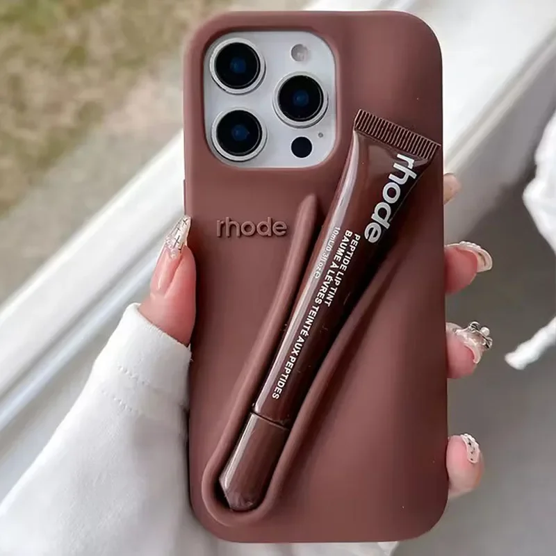 For iPhone 17 Pro Max Air 15 14 13 12 11 17 ProMax Plus Phone Case Gray Toast Ribbon Espresso Holder Silicone Lipstick Cover thumbnail 4