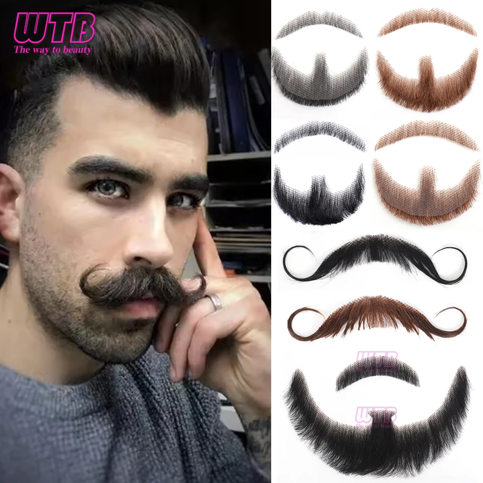 Synthetic Fake Beard Realistic Mustache Black Goatee Costume Facial Hair Invisible Lace False Beard for Halloween Cosplay Partie