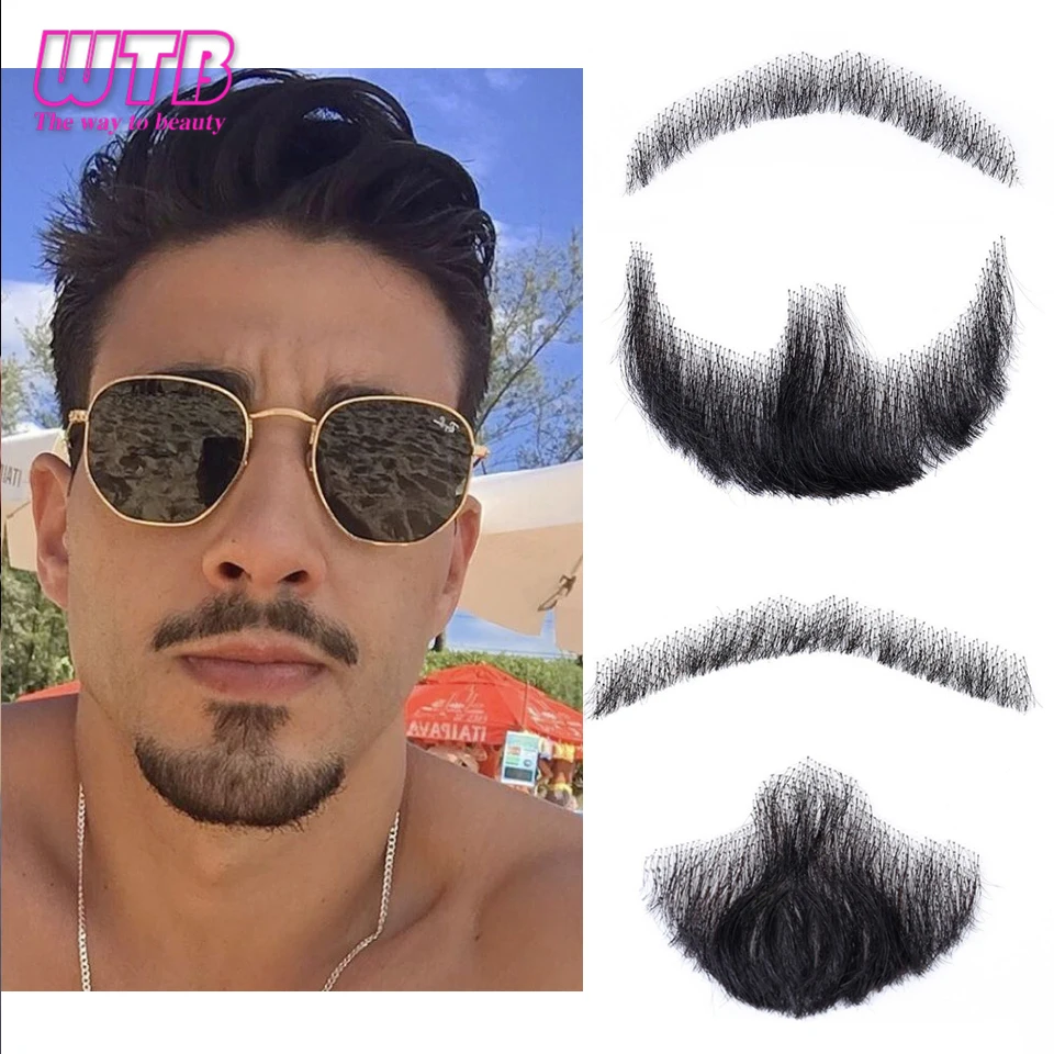 Synthetic Fake Beard Realistic Mustache Black Goatee Costume Facial Hair Invisible Lace False Beard for Halloween Cosplay Partie thumbnail 2