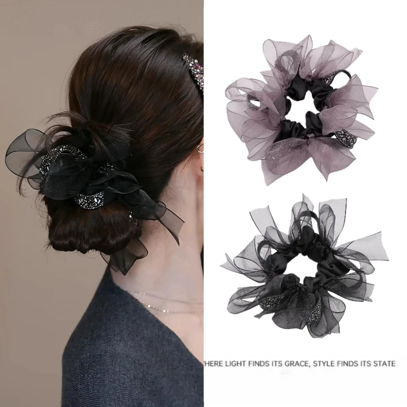 1PCS Diamond Bow Large Intestine Hair Band, Satin Bow Scrunchies  Ball Head Rope Fluffy Rubber Band Hair Accessories