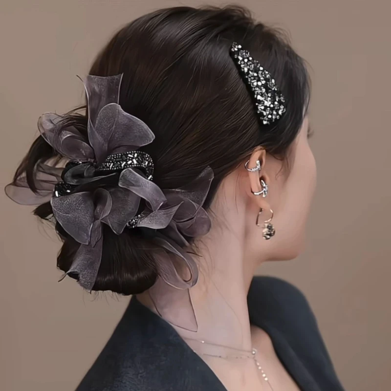 1PCS Diamond Bow Large Intestine Hair Band, Satin Bow Scrunchies  Ball Head Rope Fluffy Rubber Band Hair Accessories thumbnail 2