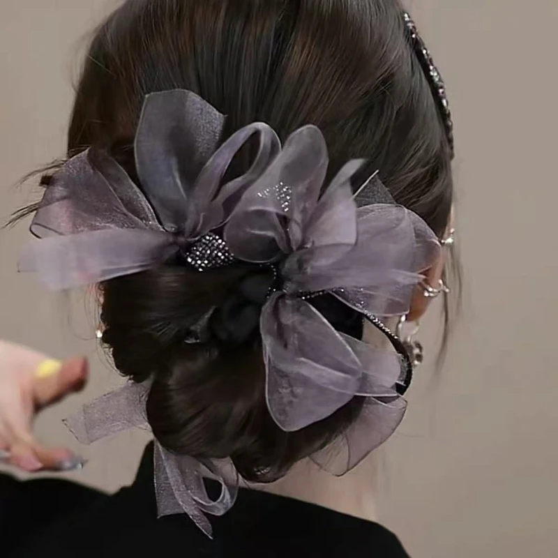 1PCS Diamond Bow Large Intestine Hair Band, Satin Bow Scrunchies  Ball Head Rope Fluffy Rubber Band Hair Accessories thumbnail 6