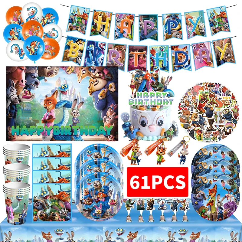 NEW Zootopia 2 Birthday Decoration Tableware Balloon Banner Tablecloth Bag Judy Nick Sticker Zootopia Cake Decor Kid Party Favor