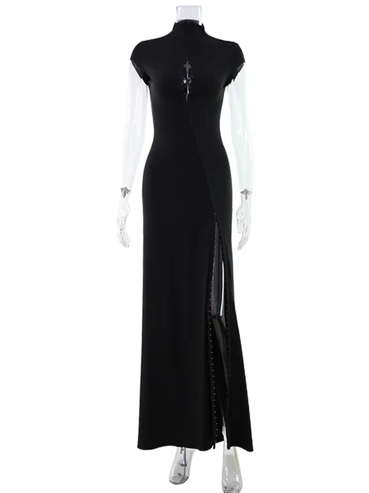 CNYISHE Short Sleeve O Neck Women Dresses Split Metal Buckle Solid Sheath Sexy Club Fashion Evening Party Outfits Female Bodycon thumbnail 6