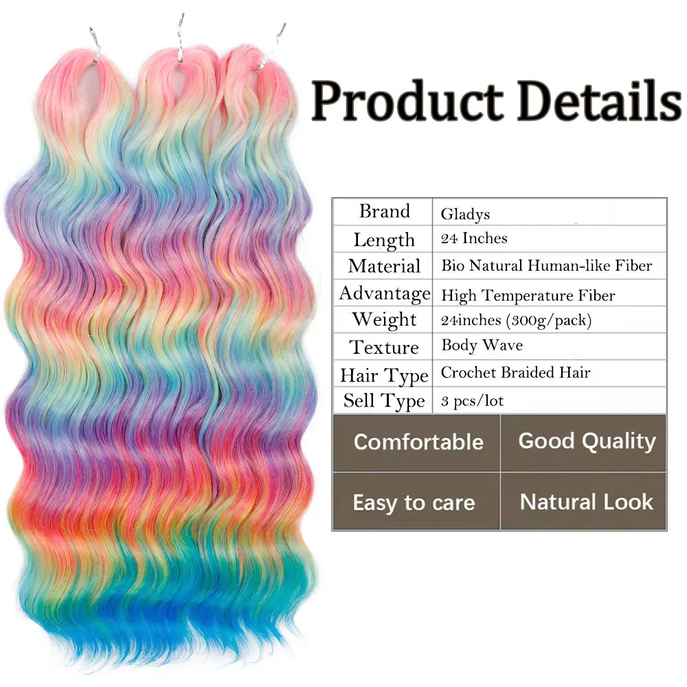 24Inch ANNA Water Wave Crochet Hair Synthetic Curl Hair Ombre Rainbow Color Fake Hair Deep Wave Braiding Hair Extensions thumbnail 3