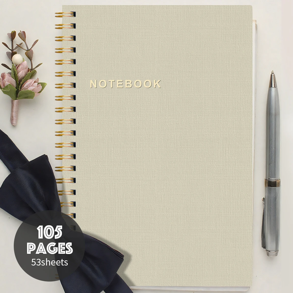 A5 Spiral Notebook 105 Pages｜Minimalist Beige Cover｜Thick Paper Writing Journal｜Double Wire Bound Notepad for School Office Plan