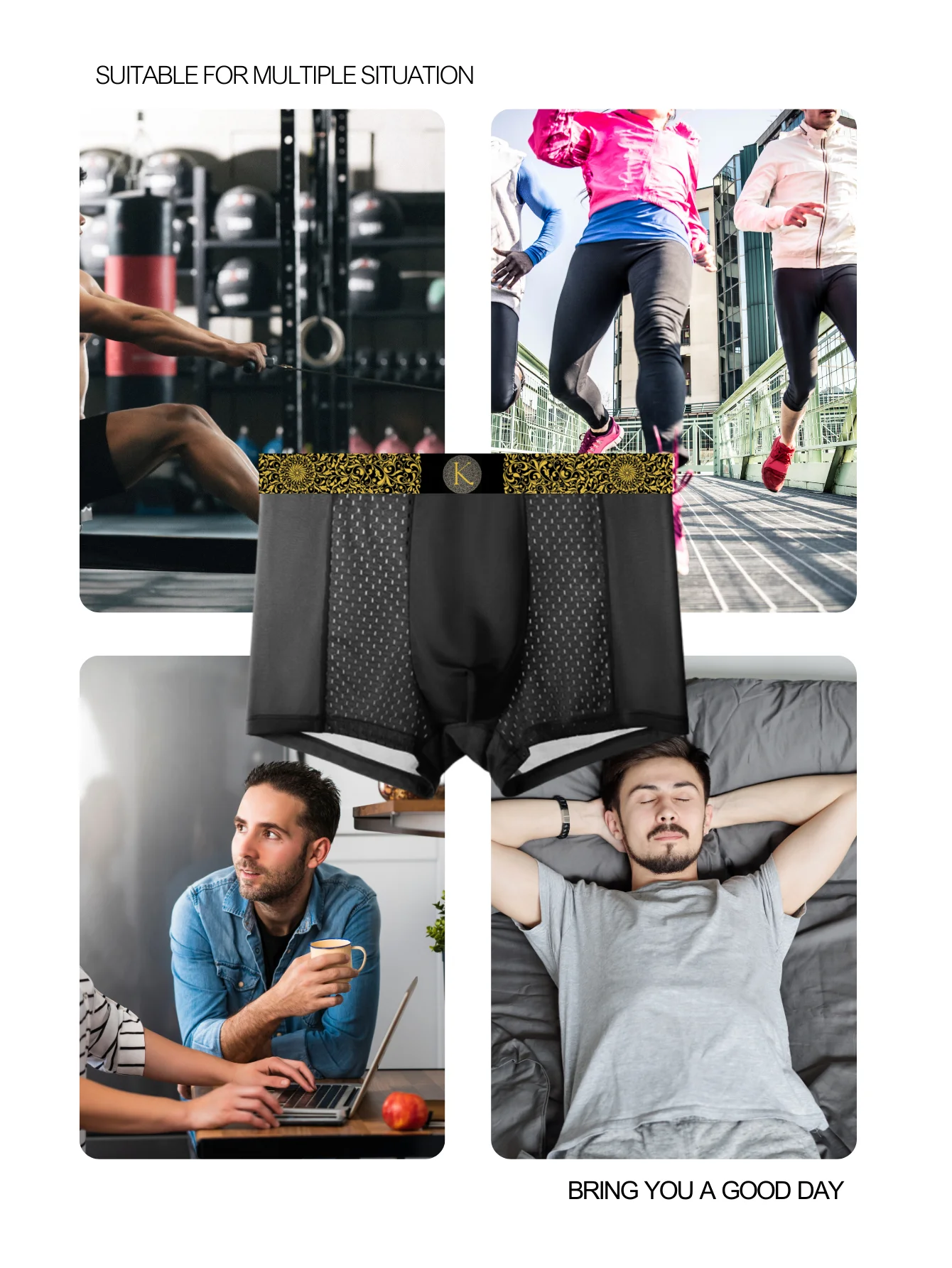 1PC Mesh Ice Silk Boxer Shorts Men's Underwear Underpants Luxury Boys Retro Panties Bamboo Lingerie Plus Size Gold Black Print thumbnail 6