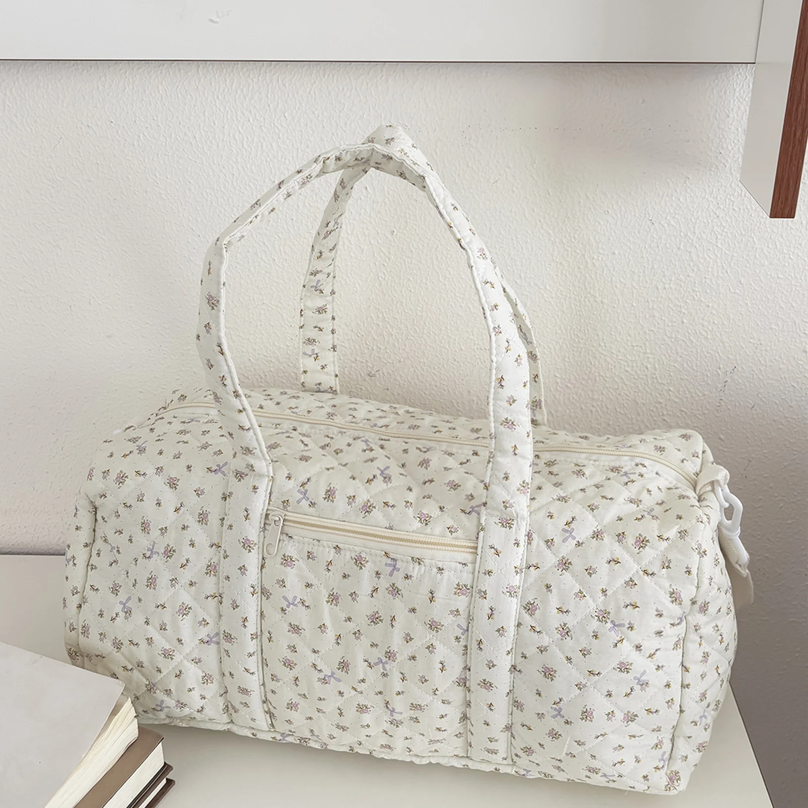 Cotton Quilted Duffle Bag with Zipper Travel Bag Floral Print Overnight Bag for Women Work Travel thumbnail 4