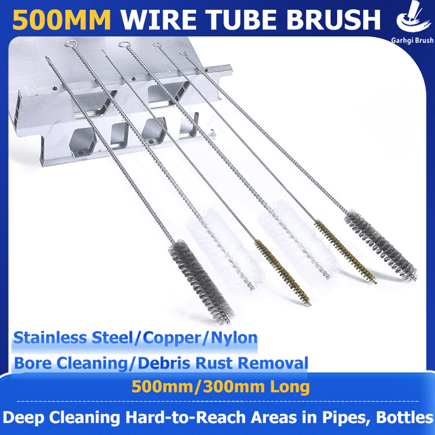 500mm Extra Long Stainless Steel Wire Tube Brush Spiral Twisted Loop Pipe Bottle Narrow Bore Metal Deep Rust Cleaning Hand Tools