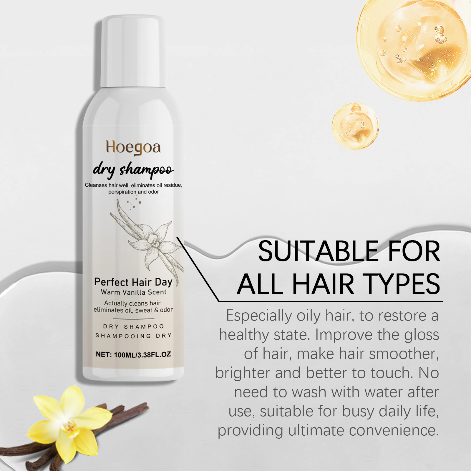 Vanilla Scented Dry Shampoo Spray Oil Absorbing Volumizing Hair Refresh Instant Clean No Water Needed Travel Size 100ml thumbnail 2