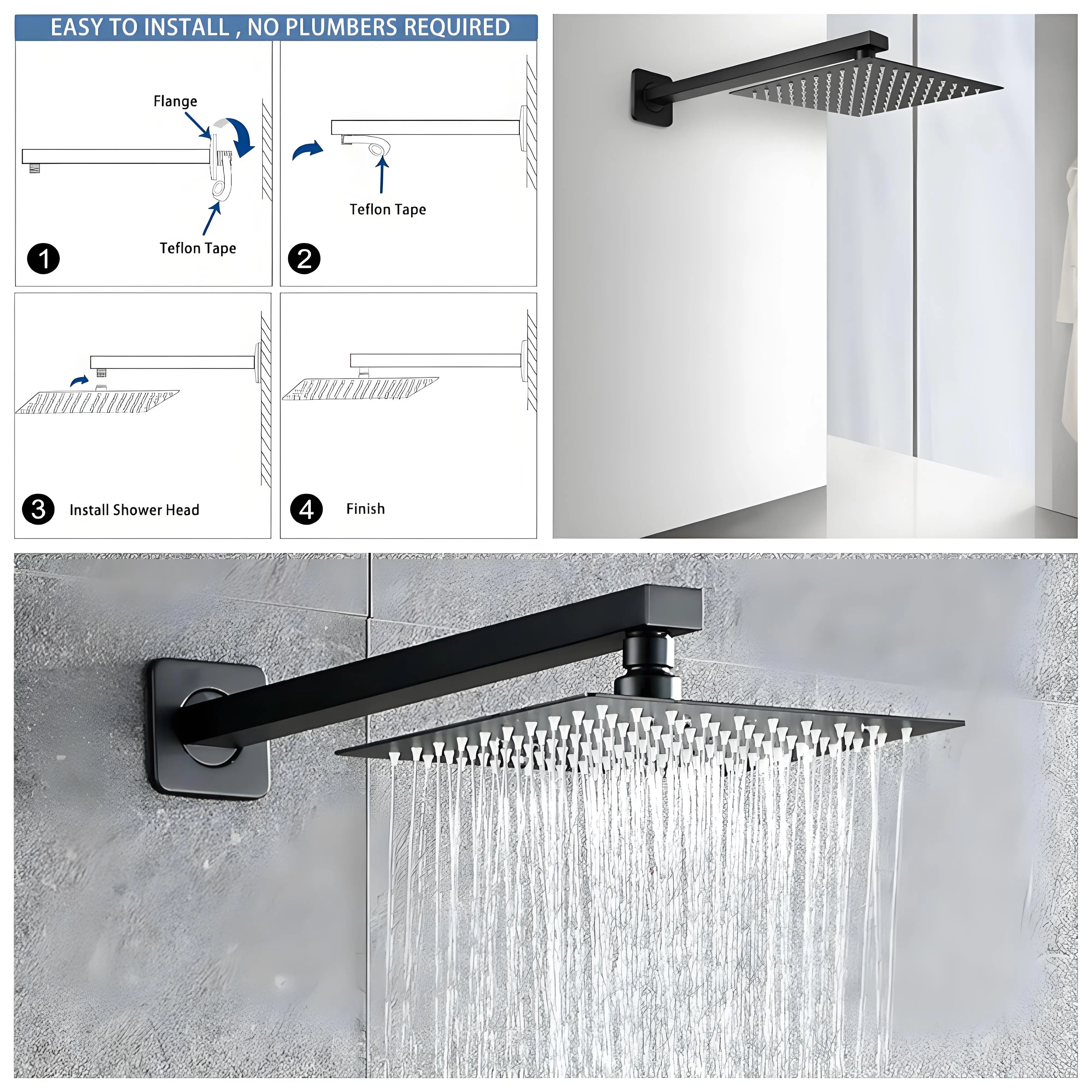 Shower Arm 30/40cm Stainless Steel Shower Arm Wall Arm for Shower Head Rain Shower G1/2 Thread Square Shower Extension Arm thumbnail 6