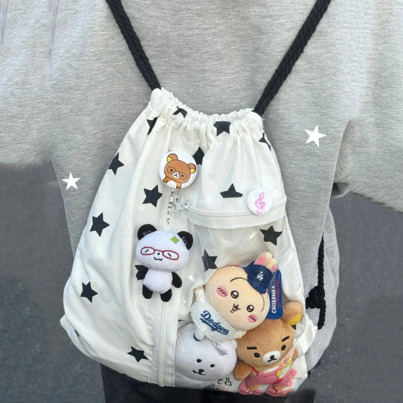 Cute Stars Polka Dots Drawstring Backpack Large Capacity Lightweight With Transparent Pocket For School Traveling Storage thumbnail 4