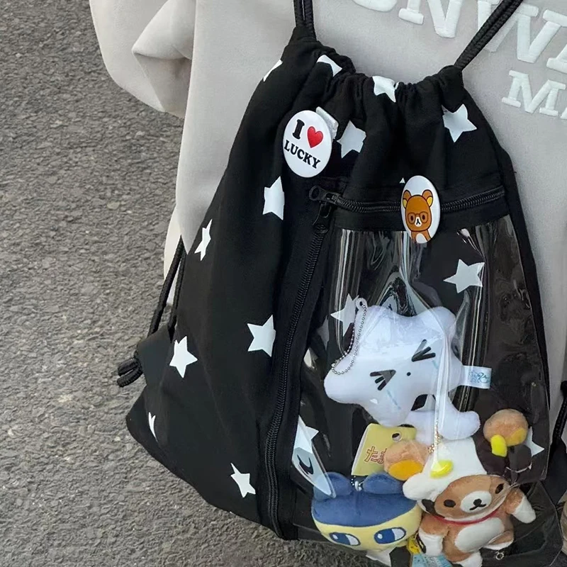 Cute Stars Polka Dots Drawstring Backpack Large Capacity Lightweight With Transparent Pocket For School Traveling Storage thumbnail 5