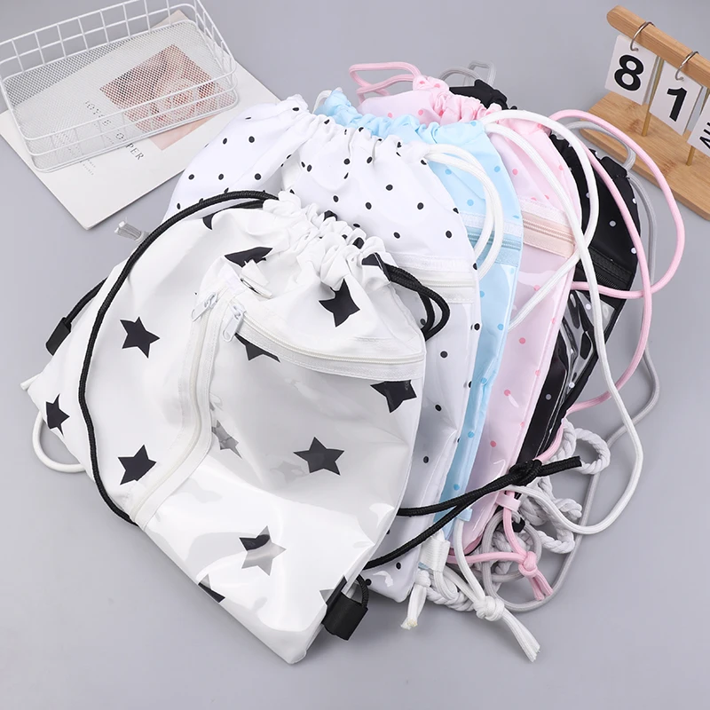 Cute Stars Polka Dots Drawstring Backpack Large Capacity Lightweight With Transparent Pocket For School Traveling Storage thumbnail 3