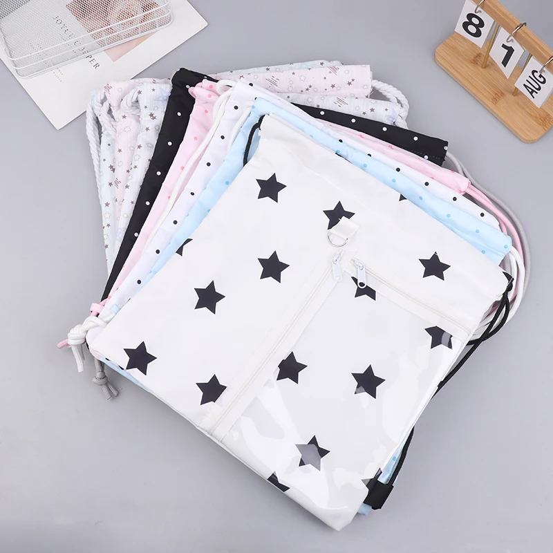 Cute Stars Polka Dots Drawstring Backpack Large Capacity Lightweight With Transparent Pocket For School Traveling Storage thumbnail 2