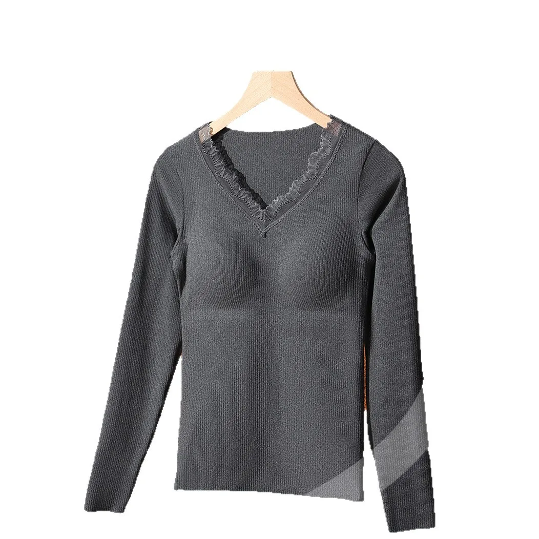 Warm Tea Oil Cashmere Silk Set with Built-in Bra Pad Women's Inner Wear Slim Fit Base Shirt Autumn Underwear Pantyhose thumbnail 5