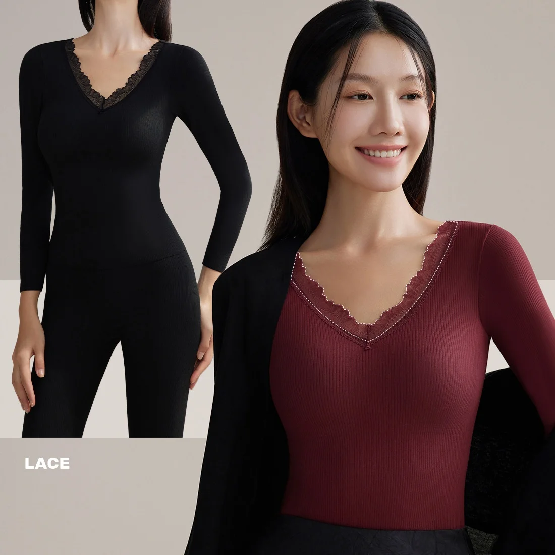 Warm Tea Oil Cashmere Silk Set with Built-in Bra Pad Women's Inner Wear Slim Fit Base Shirt Autumn Underwear Pantyhose thumbnail 2