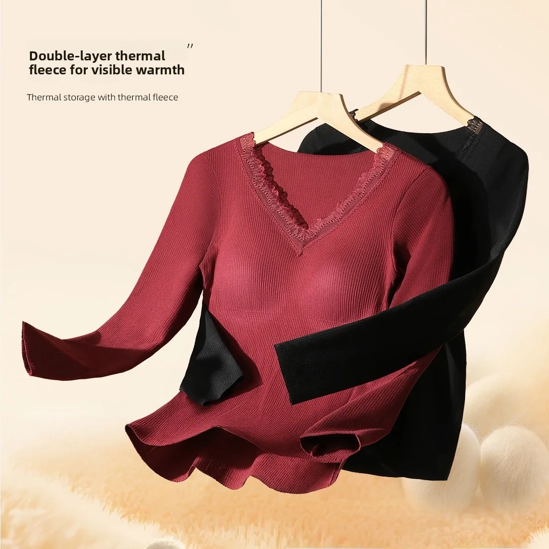 Warm Tea Oil Cashmere Silk Set with Built-in Bra Pad Women's Inner Wear Slim Fit Base Shirt Autumn Underwear Pantyhose thumbnail 3