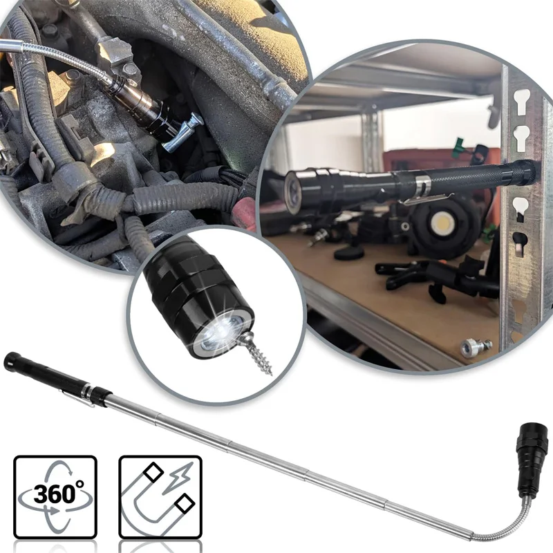 360° Inspection Mirror LED Light Extend Telescopic Inspection Work Mirror with Grip Handle Car Maintenance Repairing PickupTools thumbnail 5