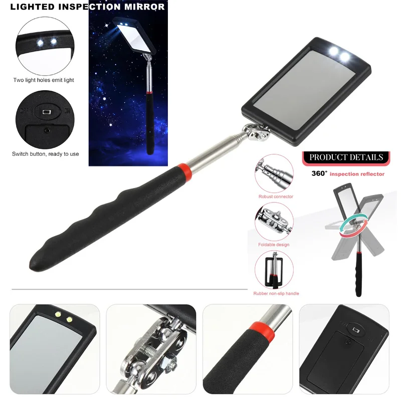 360° Inspection Mirror LED Light Extend Telescopic Inspection Work Mirror with Grip Handle Car Maintenance Repairing PickupTools thumbnail 2