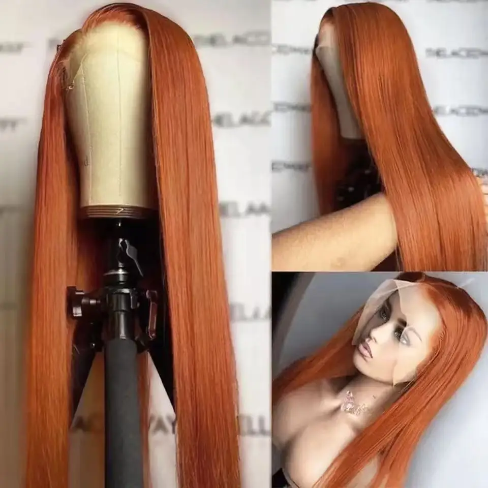 Ginger Orange Honey Blonde Color Straight 13X4X1 Lace Front Synthetic Wig For Women Heat Resistant Fiber Daily Party Wedding thumbnail 4