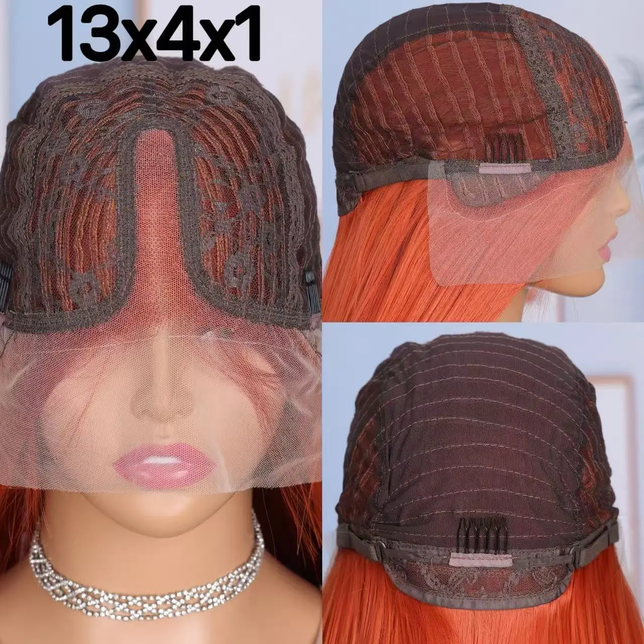 Ginger Orange Honey Blonde Color Straight 13X4X1 Lace Front Synthetic Wig For Women Heat Resistant Fiber Daily Party Wedding thumbnail 6